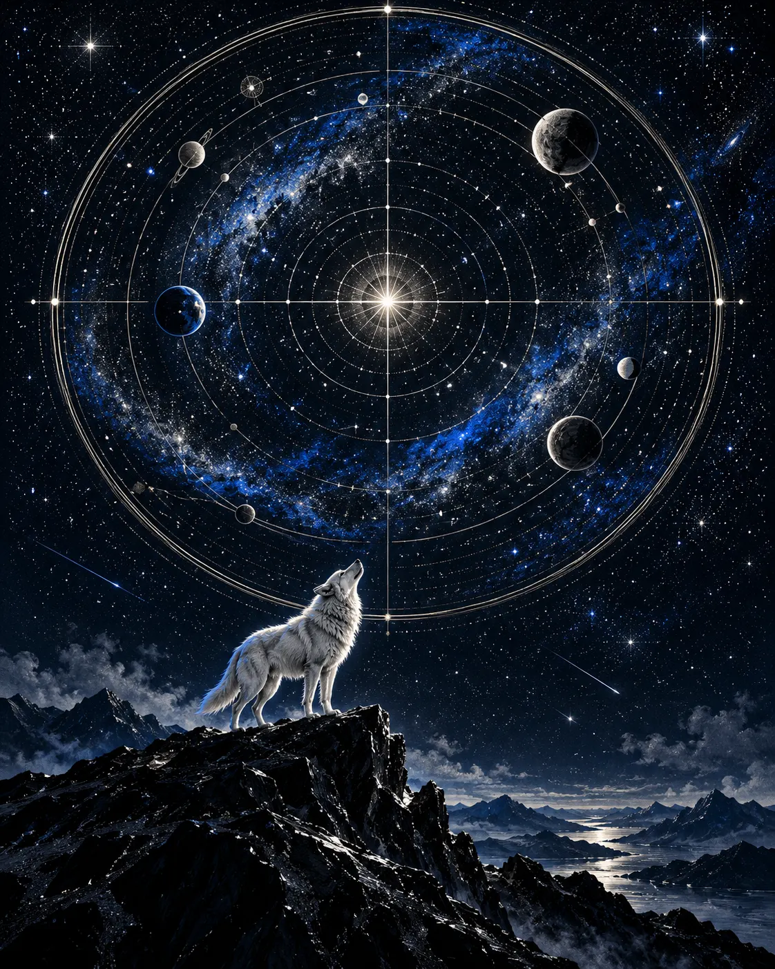 White wolf beneath a celestial star map