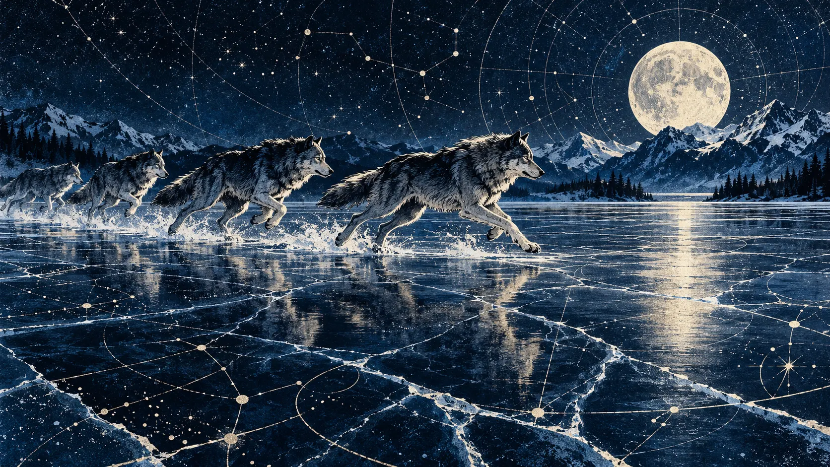 Wolf pack running across a frozen celestial map